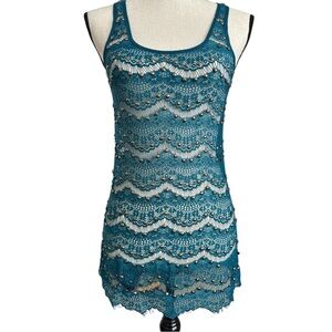 Styles Teal Lace Beaded Y2K Sheer Overlay Tank Top, Size Small